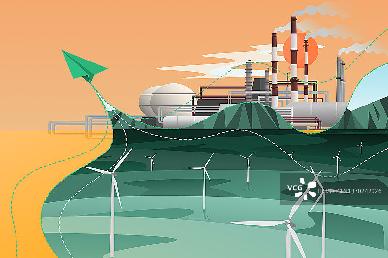 使用可再生能源改变世界：纸火箭象征着从化石能源转向风力涡轮机能源，从而减少世界污染图片素材