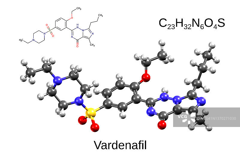 伐地那非的化学式、骨骼式和3D球棍模型图片素材