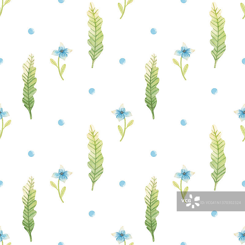 水彩蓝色野花无缝图案。手绘复古花卉背景，适用于包装纸、设计、织物、卡片等图片素材