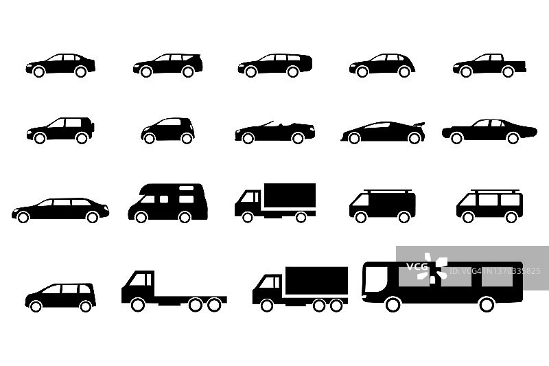 黑色车辆图标集：汽车、吉普车、跨界车、豪华轿车、卡车、跑车、房车和巴士矢量图图片素材