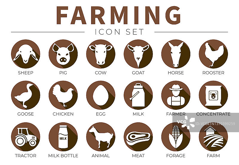 棕色农场图标集，含绵羊、猪、奶牛、山羊、马、公鸡、鹅、鸡、蛋、牛奶、农民、浓缩物、拖拉机、瓶子、动物、肉类和饲料图标图片素材