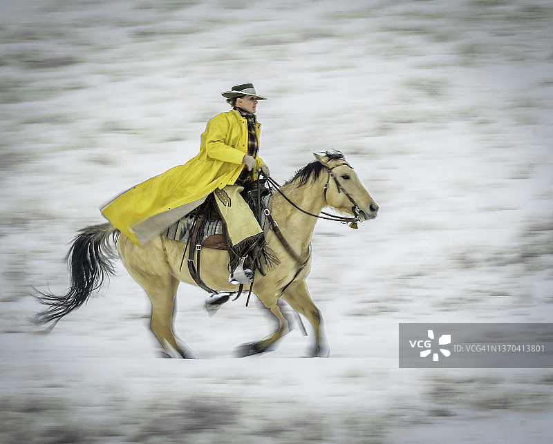 在冬季骑马的女牛仔图片素材