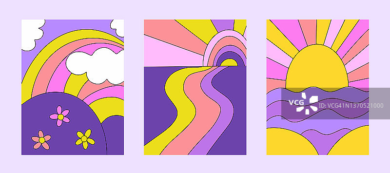 迷幻风景海报，风格化山脉彩虹海洋图片素材