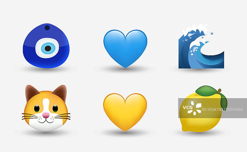 法蒂玛之眼，辟邪标志，波浪，黄蓝心，猫，柠檬矢量表情符号插画图片素材