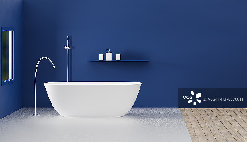 电脑生成的浴室图像，带浴缸、金属水龙头和玻璃杯，木质和金属地板，3D渲染图片素材