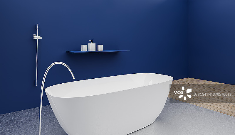 电脑生成的浴室图像，带浴缸、金属水龙头和玻璃杯，木质和金属地板，3D渲染图片素材
