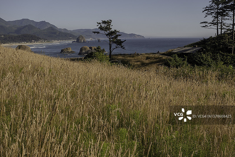 俄勒冈州印度海滩俯瞰大炮海滩著名岩石和城镇图片素材