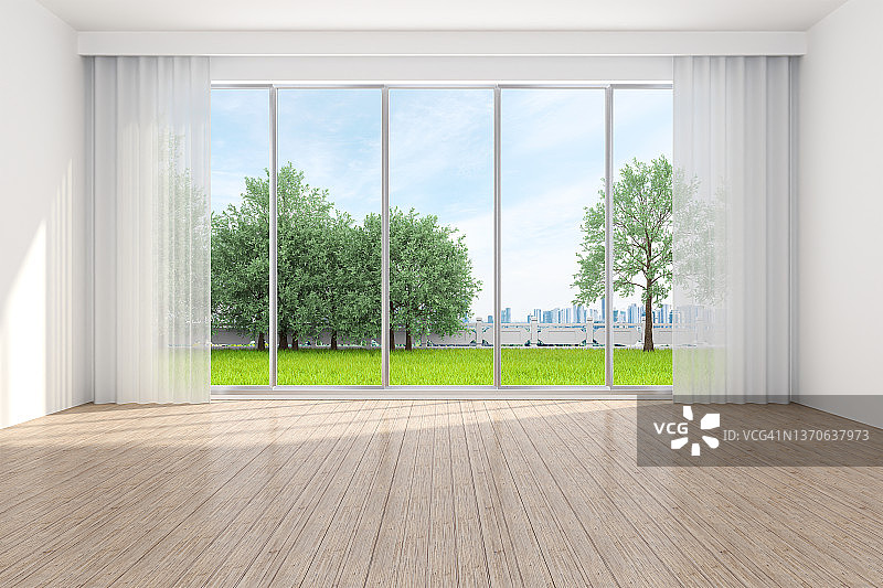3D渲染，在空房间里，可以看到远方和城市图片素材