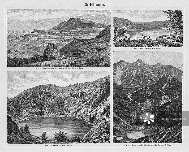 湖泊地貌的古版画图片素材