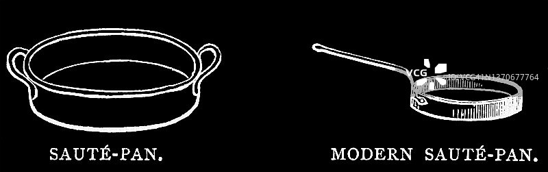 古董食谱、烹饪用具和平底锅的雕刻插图图片素材