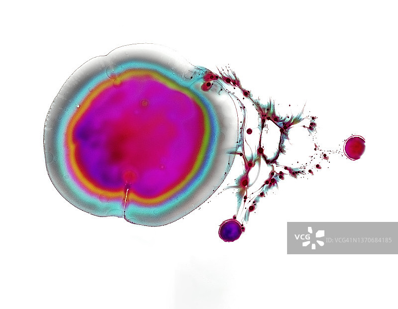 粉绿色液体分子或液滴在白色表面漂浮特写图片素材
