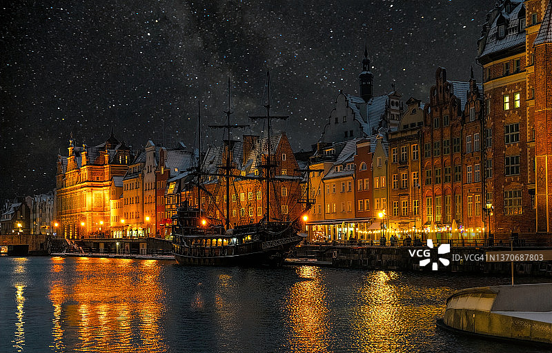 波兰格但斯克的优美堤岸和古老房屋图片素材