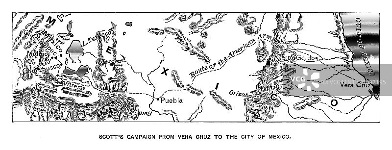 温菲尔德·斯科特将军从韦拉克鲁斯到墨西哥城的战役旧地图图片素材