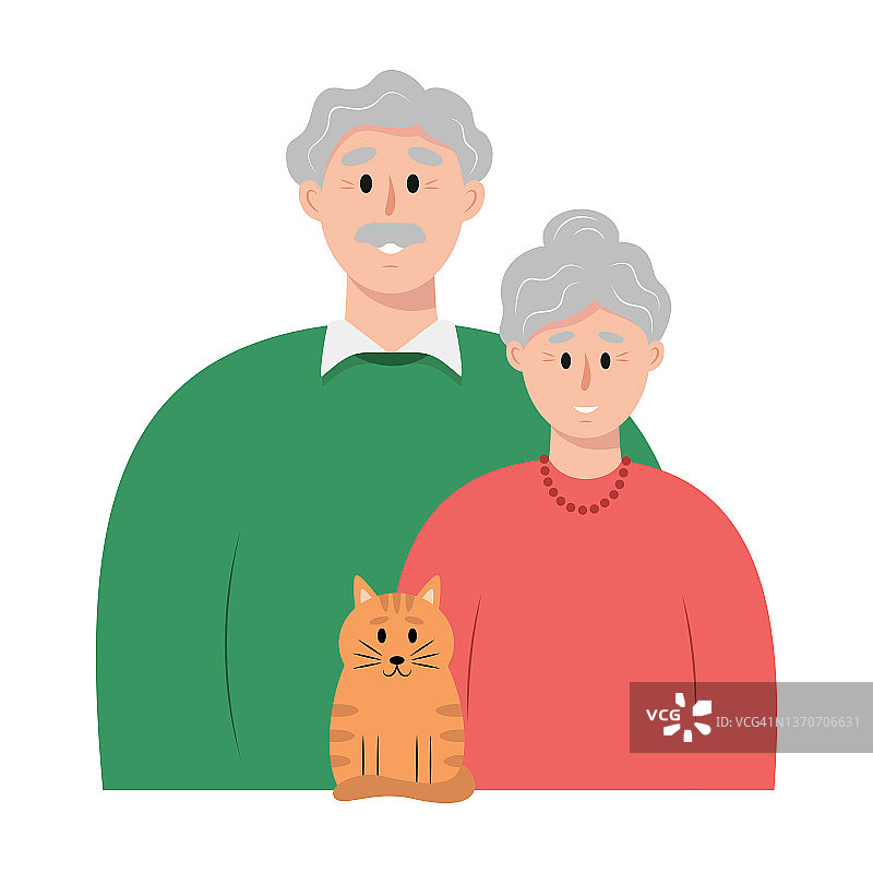 老年夫妇与猫的肖像：幸福的家庭插画，老人、女人和他们的猫图片素材