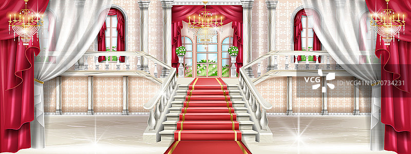 宫殿内部背景，矢量城堡大厅插画，中世纪奢华舞厅，大理石楼梯。皇家复古博物馆房间，红地毯，洛可可枝形吊灯，柱子，拱形窗户。宫殿内部图片素材