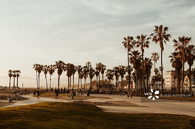 威尼斯海滩日落时的滑板公园图片素材