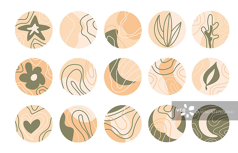 抽象形状、波浪线和柔和色彩植物圆形高光封面合集图片素材