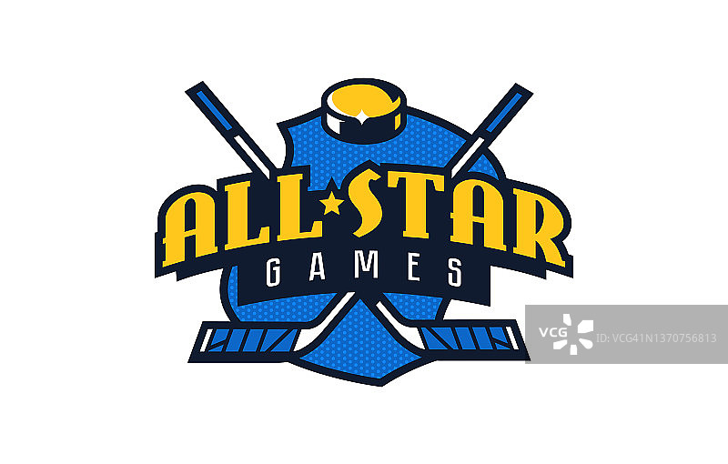 全明星冰球赛标志：全明星冰球赛的彩色标志，体育赛事标志模板，徽章、图标、冰球、球杆、盾牌，独立矢量图图片素材