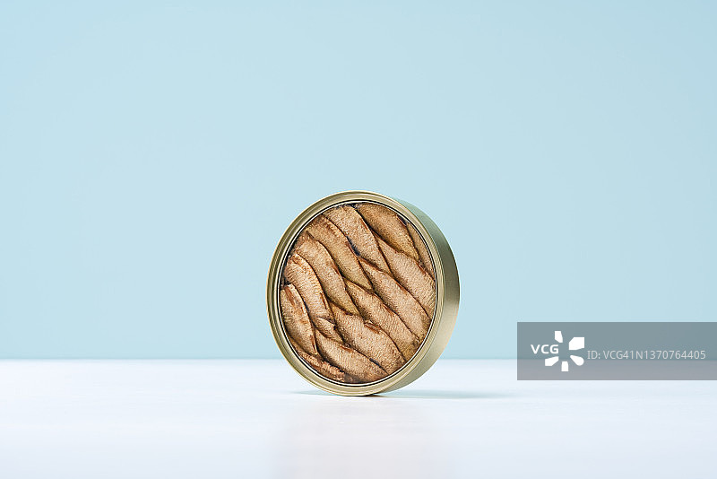 沙丁鱼罐头立在浅蓝色背景上图片素材
