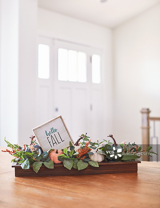 感恩节和秋季主题装饰：南瓜和树叶，现代家居场景图片素材