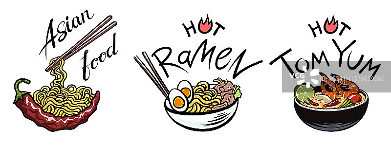 亚洲美食：拉面、冬阴功等东方汤面料理图片素材