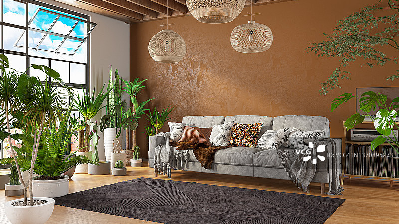 波西米亚风格温馨客厅沙发与绿色植物图片素材