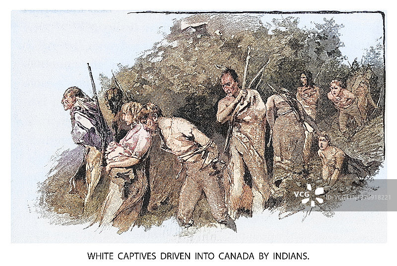 印第安人将白色俘虏赶入加拿大的古老雕刻插图图片素材
