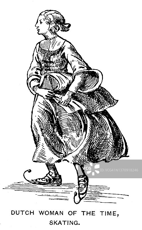 荷兰妇女滑冰的古老雕刻插图图片素材