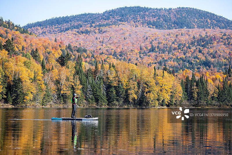 女人在加拿大魁北克省翠湖山国家公园秋季的湖上划桨板图片素材