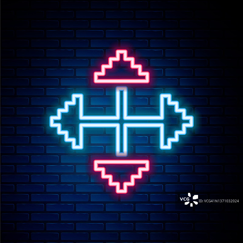 霓虹灯光：砖墙背景上的像素箭头矢量图标图片素材