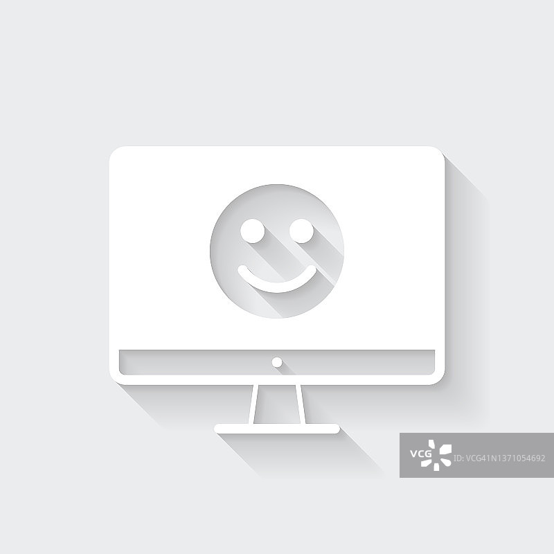 带有快乐表情符号的台式电脑，空白背景上的长阴影扁平化设计图标图片素材