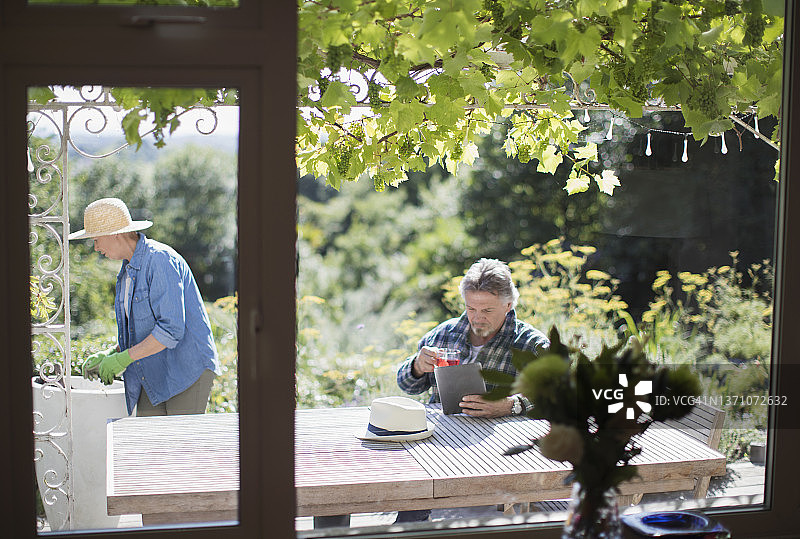 老年夫妇在阳光明媚的夏日露台上园艺并使用平板电脑图片素材