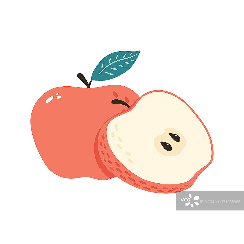 带叶子的新鲜香甜红苹果矢量图。完整水果和一半带籽的卡通风格图片素材
