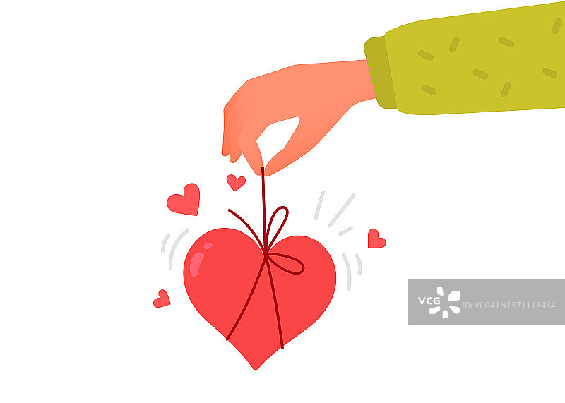 白色背景上的情人节插画矢量图. 手持带蝴蝶结的红色心形. 分享爱心的扁平风格浪漫设计图片素材