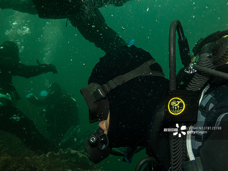 一群潜水员在5米处进行安全停留，西瑞典韦瑟群岛图片素材
