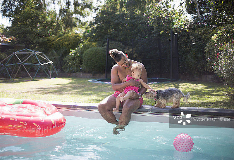 父亲和幼儿女儿与狗在夏季游泳池图片素材
