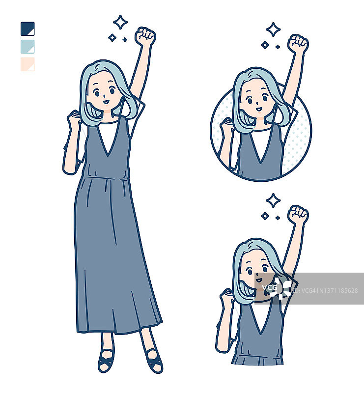 身穿无袖连衣裙的年轻女人与拳头图片图片素材