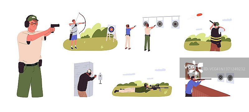 在射击场和画廊使用枪械，手持步枪、手枪、大炮进行训练和瞄准的人们，扁平矢量图，白色背景图片素材