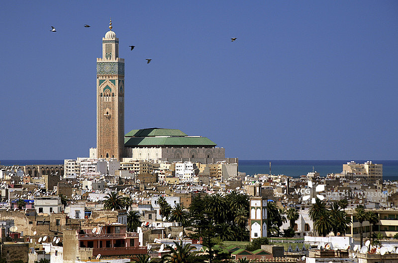 哈桑二世清真寺和卡萨布兰卡天际线与飞翔的鸽子-卡萨布兰卡，摩洛哥图片素材