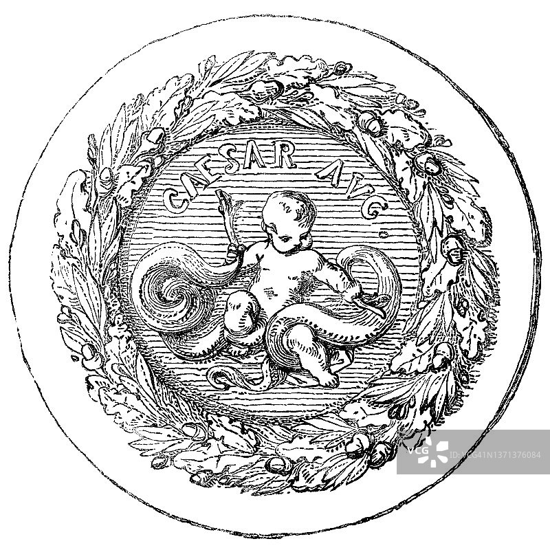 公元前1世纪，凯撒·奥古斯都设计了一个婴儿赫拉克勒斯勒死一条被派去杀死他的蛇图片素材