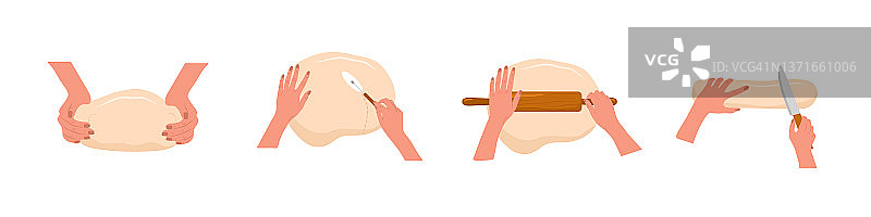 揉面团的手。女人用擀面杖擀自制面团。俯视图。烹饪学校。在家按照食谱烹饪健康食品。扁平卡通风格矢量插图图片素材