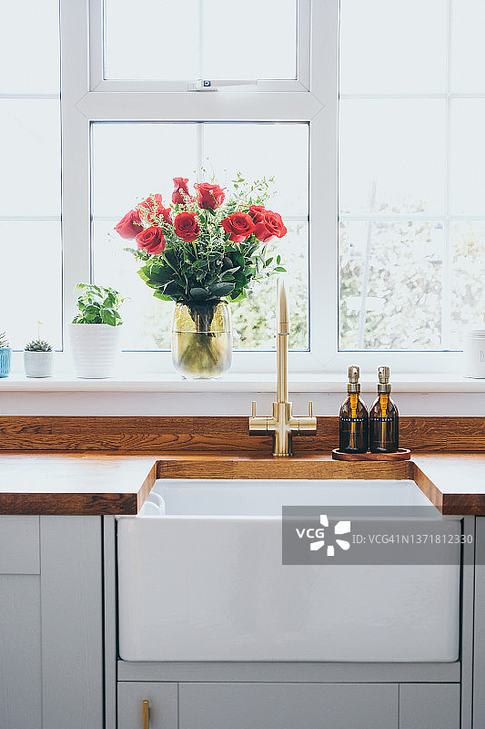 现代明亮的家庭厨房，窗台上有多肉植物、香草和玫瑰图片素材