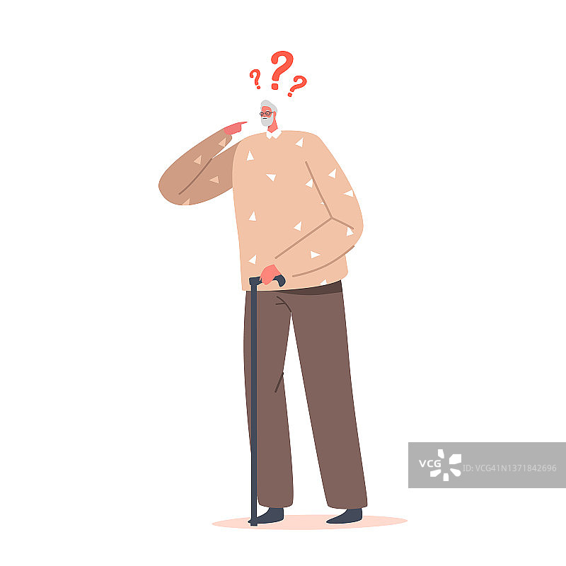 困惑沉思的老年男性角色，有问号，在白色背景上被遗忘隔离。健忘的老人图片素材
