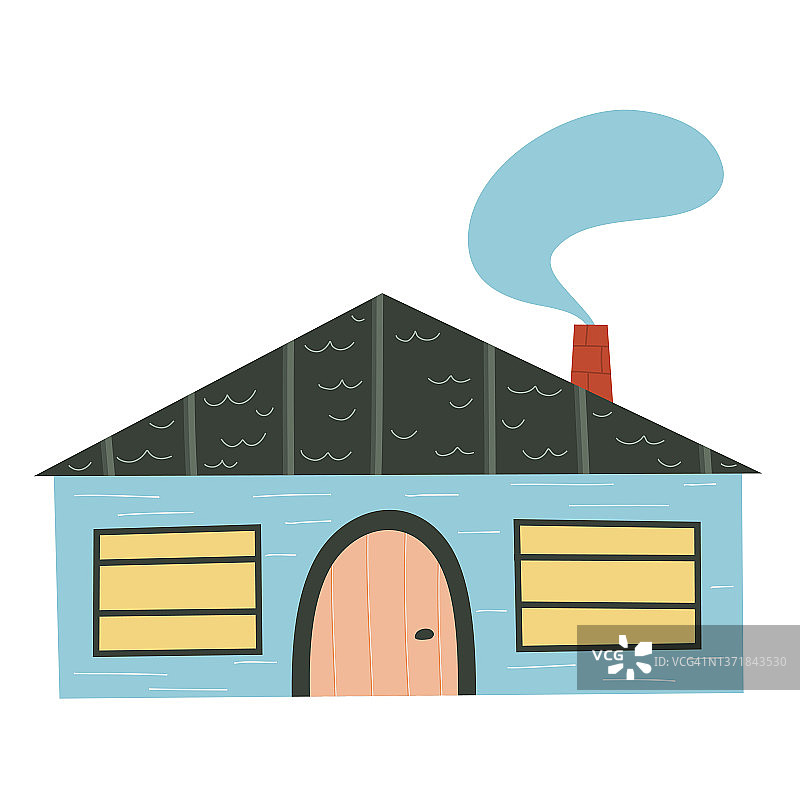 白色背景中带窗户的斯堪的纳维亚房屋，带烟囱和烟雾的屋顶，扁平的儿童设计，手绘时尚插画，带圆形门的彩色联排别墅图片素材