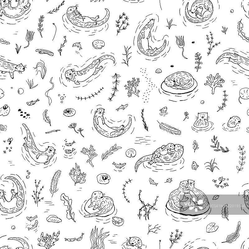 水獭动物线条矢量无缝图案图片素材