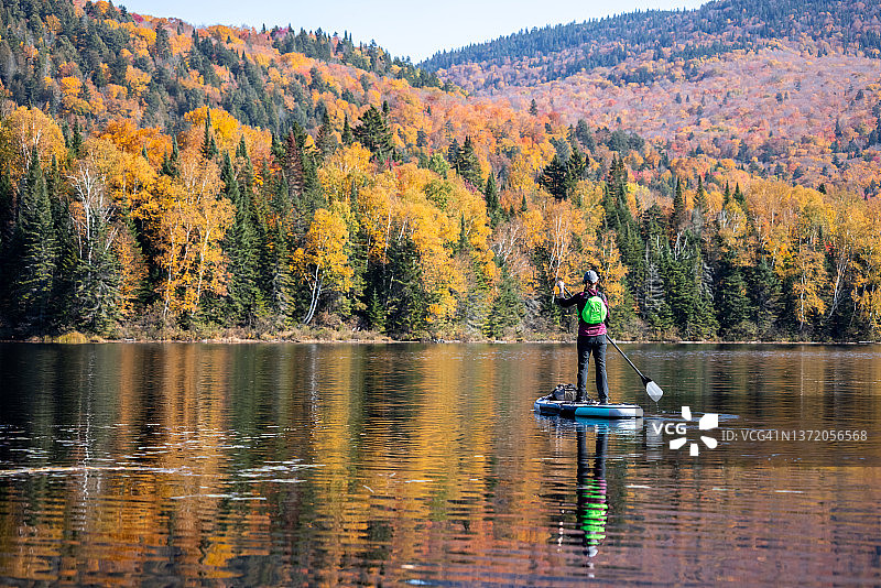 女人在加拿大魁北克省翠湖山国家公园秋季的湖上划桨板图片素材