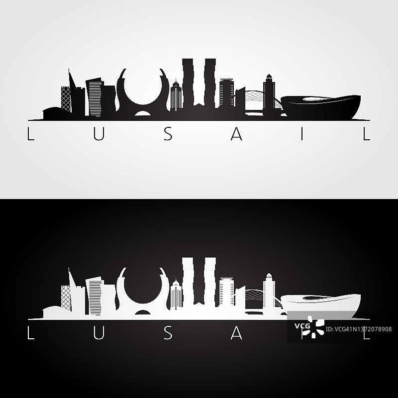 卢赛尔天际线和地标剪影黑白设计矢量图图片素材