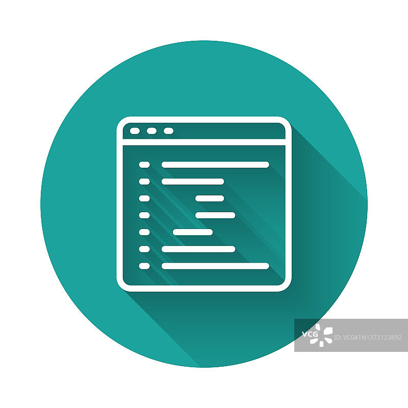 白色线条浏览器窗口图标，长阴影绿色圆圈按钮图片素材