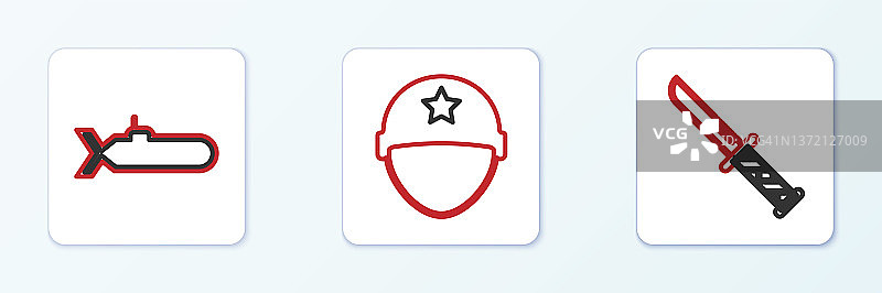 军用刀、潜艇和头盔图标矢量集图片素材