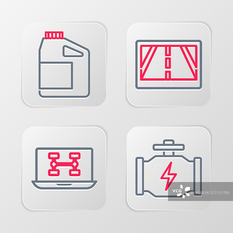 发动机检查、汽车状况诊断、带地图的GPS设备和发动机油罐图标矢量图图片素材